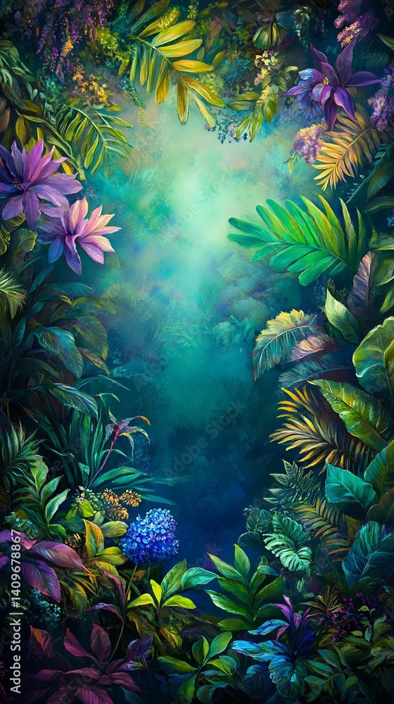 Vibrant jungle scene with colorful flowers and lush greenery, creating a mystical, serene atmosphere. Perfect for nature lovers and decor. Vibrant jungle scene with colorful flowers and lush greenery, creating a mystical, serene atmosphere. Perfect for nature lovers and decor.