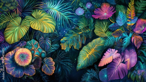 Vibrant tropical foliage illustration featuring a variety of colorful leaves and flowers against a dark background, perfect for nature lovers.