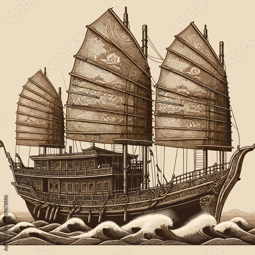 Detailed traditional Chinese junk ship with ornate sails sailing on stylized waves
