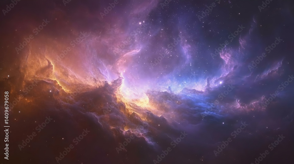 Fototapeta premium A stunning cosmic nebula displaying vibrant colors of purple, orange, and blue. Ideal for astronomy, space art, and digital backgrounds.