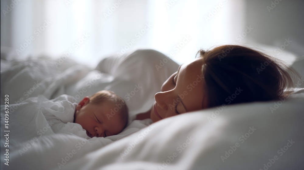 A serene moment captured of a mother and baby peacefully asleep in a cozy bed, bathed in soft morning light.