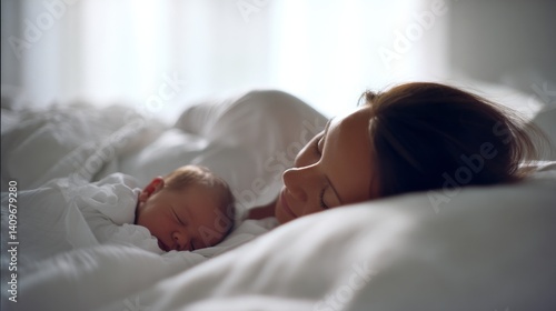 Obraz na płótnie A serene moment captured of a mother and baby peacefully asleep in a cozy bed, bathed in soft morning light. w salonie