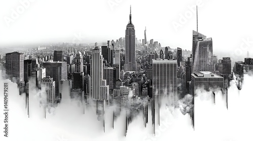 Art deco black and white skyscrapers behind orange forest high resolution image