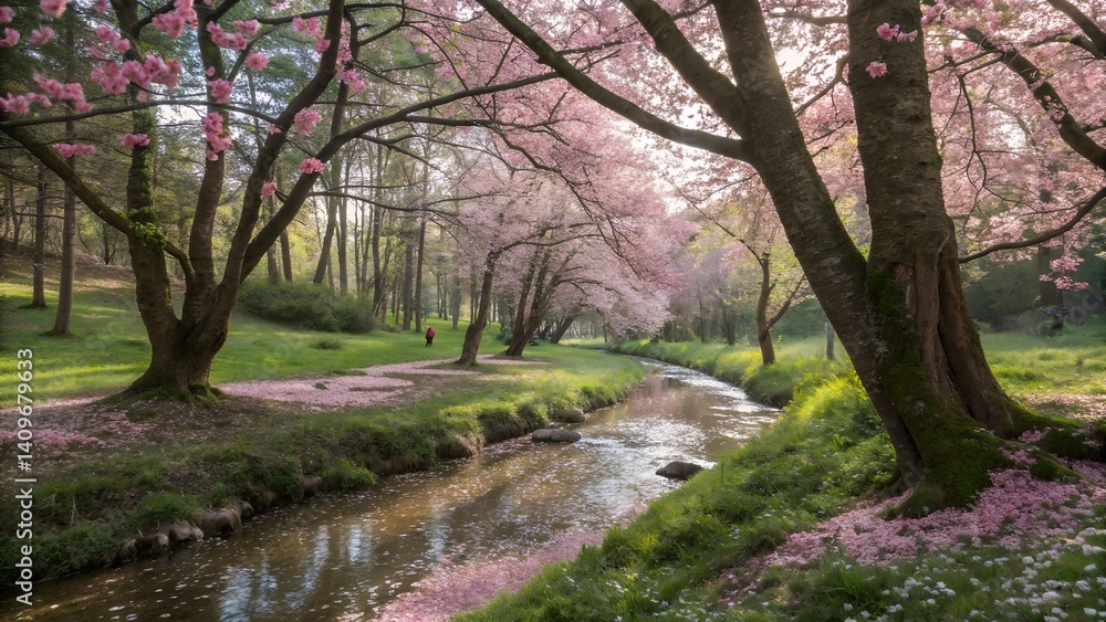 Fototapeta premium A spring forest with cherry blossom trees in full bloom, pink petals gently falling to the ground