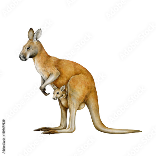 Canvas Print Red kangaroo with joey isolated on white background