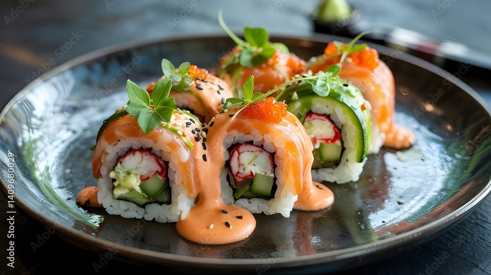 Gourmet Sushi Rolls with Salmon and Cucumber – Japanese Food Art Gourmet Sushi Rolls with Salmon and Cucumber – Japanese Food Art