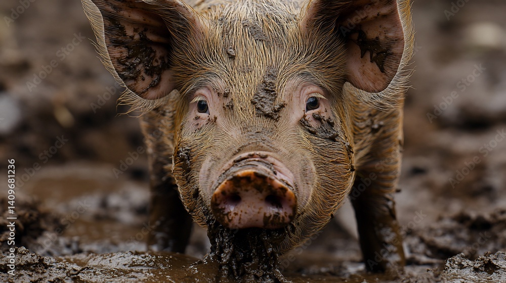 Muddy pig wallows in farm field; blur trees. Promotes agriculture, rural life Muddy pig wallows in farm field; blur trees. Promotes agriculture, rural life