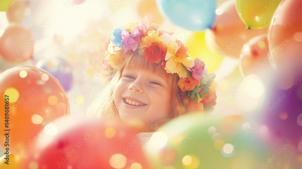 A joyful child with colorful face paint and rainbow balloons, celebrating the happiness of International Children's Day A joyful child with colorful face paint and rainbow balloons, celebrating the happiness of International Children's Day