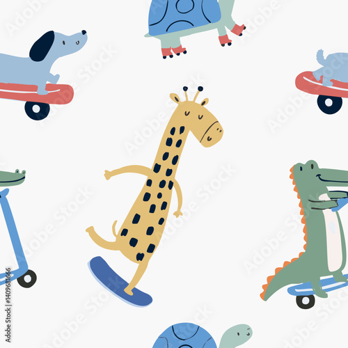 Cute Safari animals giraffe crocodile dog turtle elephant ride bike scooter tee design for kids market as vector