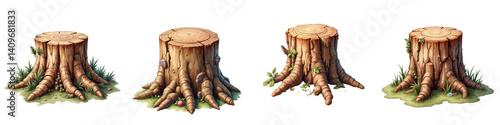 Set of Tree Stump Illustrations with Roots and Sprouts