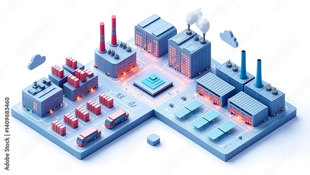 Isometric View of an Industrial Complex: A Detailed Depiction of Manufacturing and Logistics in Action Isometric View of an Industrial Complex: A Detailed Depiction of Manufacturing and Logistics in Action