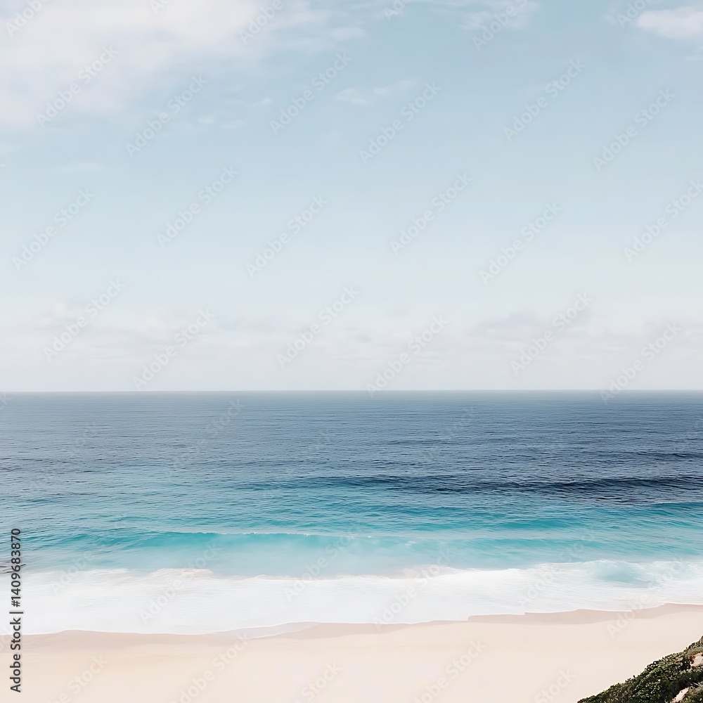 Serene beach vista, ocean waves lapping at the shore, clouds overhead, tranquil coastal scene Serene beach vista, ocean waves lapping at the shore, clouds overhead, tranquil coastal scene
