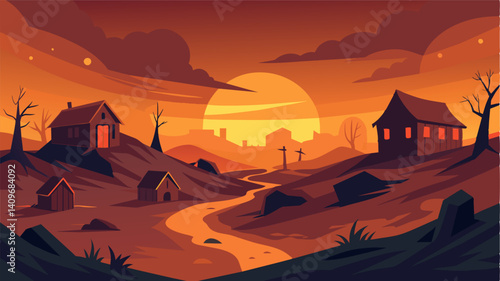 As the sun sets on the deserted village casting an orange glow over the abandoned farms and houses it serves as a haunting reminder of the devastating impact of food crises on. Vector illustration