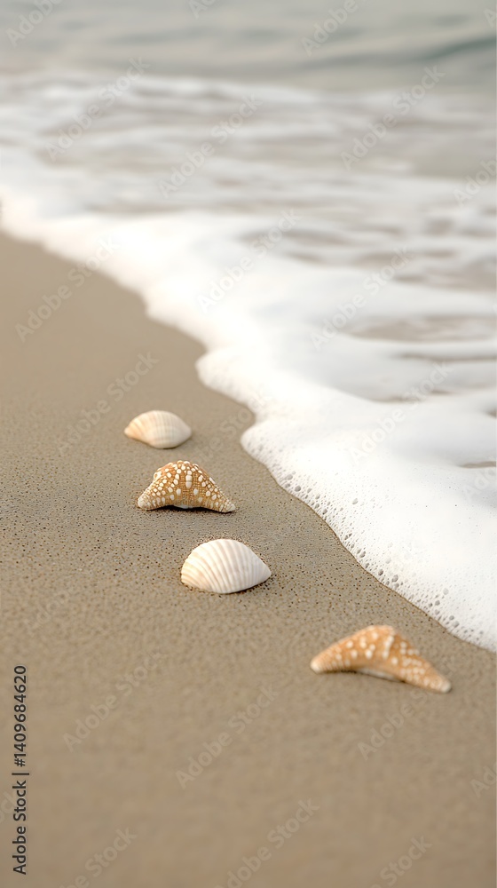 Seashells on sandy beach with gentle waves Seashells on sandy beach with gentle waves