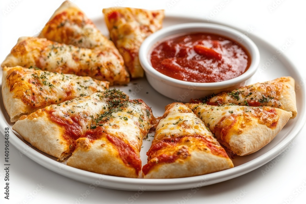 Isolated white background featuring a pizza bite platter with dip and sauce. Isolated white background featuring a pizza bite platter with dip and sauce.