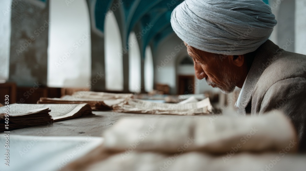 An elderly scholar, immersed in texts, reads quietly within a serene, ornate library, embodying wisdom and contemplation. An elderly scholar, immersed in texts, reads quietly within a serene, ornate library, embodying wisdom and contemplation.