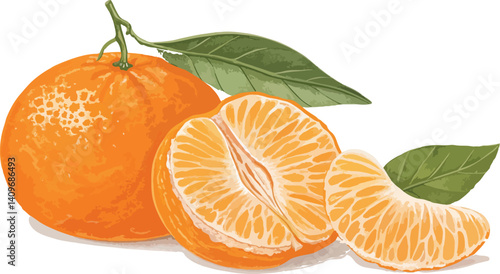 Mandarin Orange Illustration vector design, Mandarin with Mandarin slice in white background vector design
