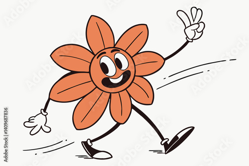 Happy Vintage Flower Cartoon Character Walking and Showing Peace Sign with Gloved Hand