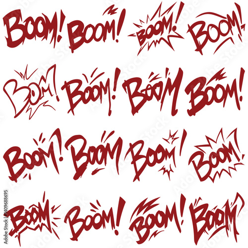Graffiti style “BOOM!” text in bold red color, hand-drawn lettering with comic book explosion effects, expressive brush strokes, energetic street art vibe on white background.