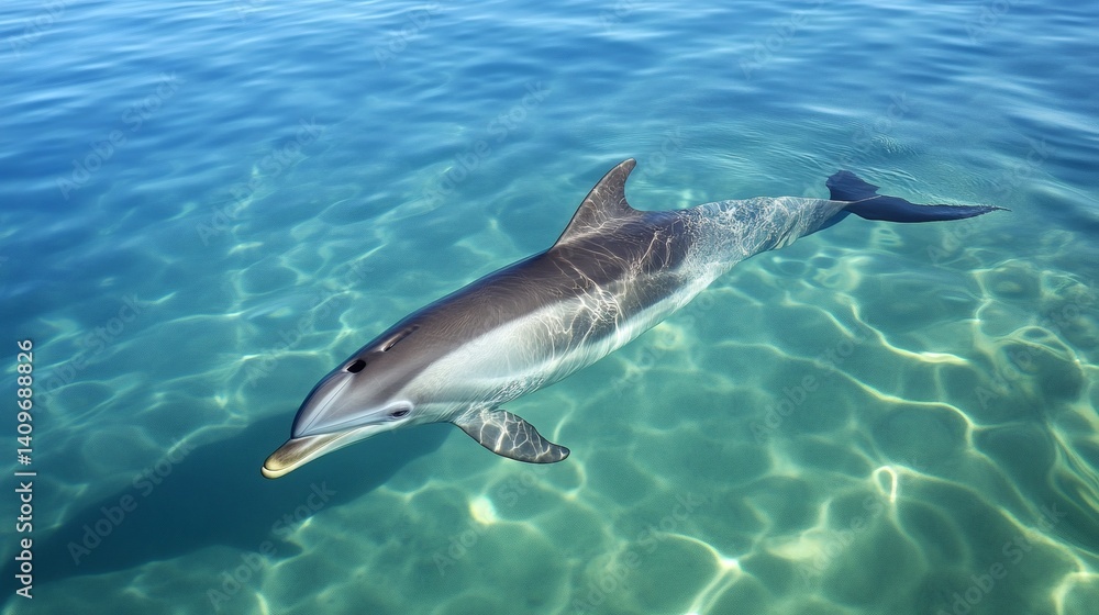 Naklejka premium Dolphin swimming ocean sunrise peaceful wildlife marine