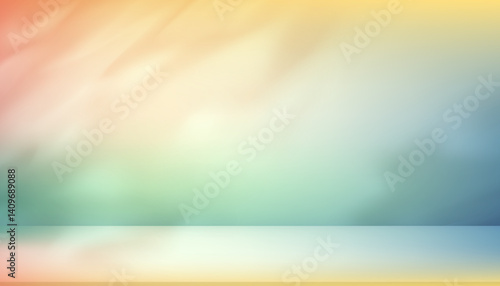 Studio background,Abstract wall blue,green,pink,yellow color gradient of shadow,light for product presentation.Empty 3d room of Blurred nature leaves shadow on floor for Spring,Summer concept
