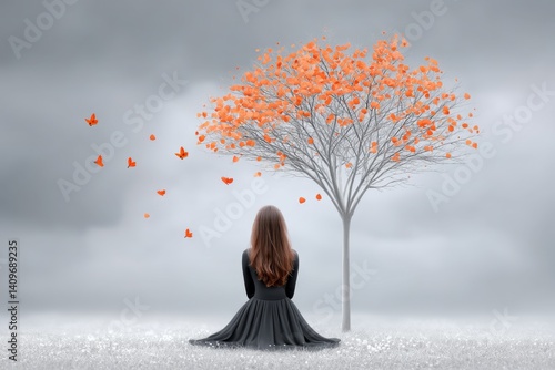 A figure sitting under a tree with falling leaves, pondering life impermanence