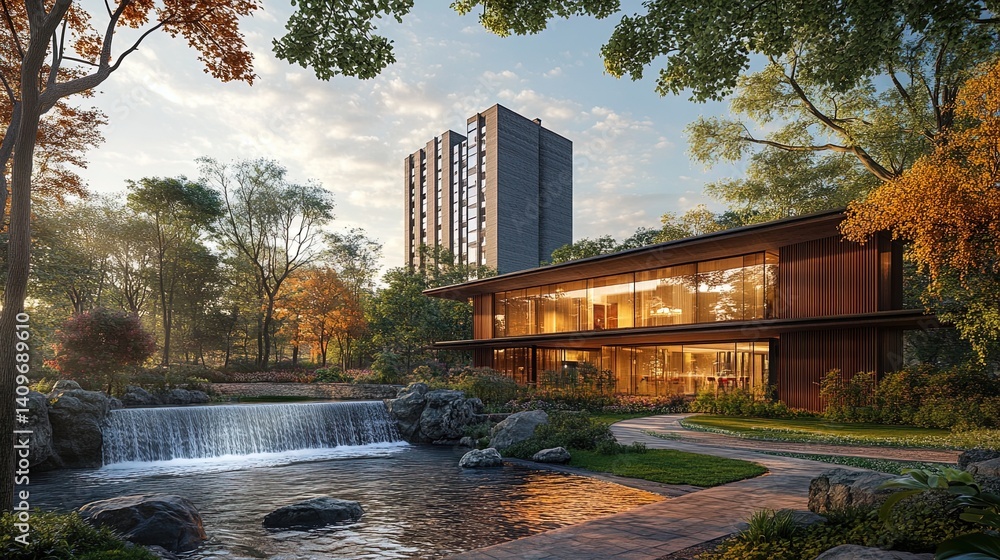 Obraz premium Modern Architecture with Waterfall in Lush Landscape