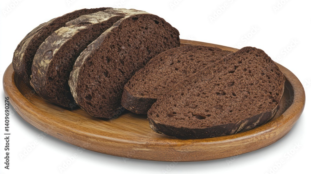 Sliced dark bread, wooden plate, studio shot, bakery, food photography