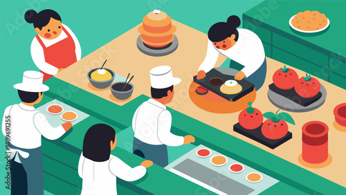 An overhead shot of a restaurants kitchen where a team of cooks work together to prepare hundreds of baleadas for the lunch rush.. Vector illustration
