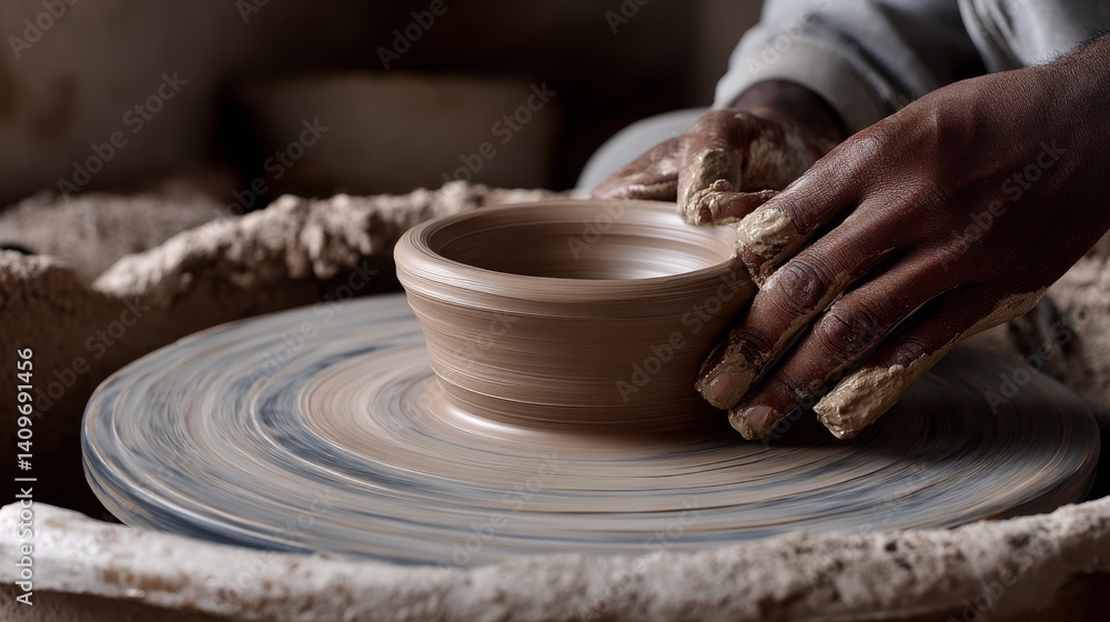 Skilled hands shape a clay pot on a spinning wheel, embodying the craft and artistry of pottery making through careful manipulation. Skilled hands shape a clay pot on a spinning wheel, embodying the craft and artistry of pottery making through careful manipulation.