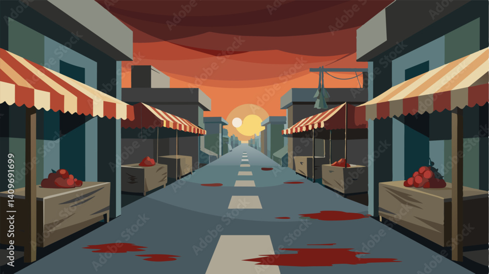 The abandoned market stalls and deserted streets are a haunting reminder of the thousands of lives lost due to the conflict and the subsequent food scarcity it has brought.. Vector illustration