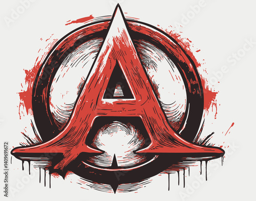 High contrast anarchy letter A design with red ink splatter, gothic patterns, and bold grunge style perfect for edgy themes, tattoos, posters, and alternative artwork.