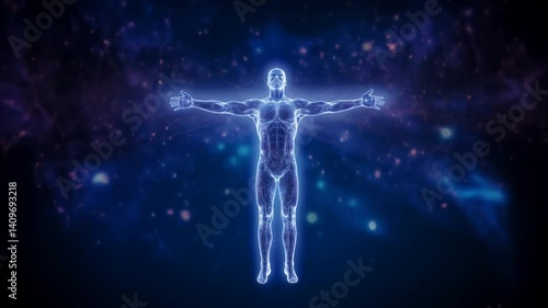 Ethereal Human Body Outline Radiating Blue Light with Arms Outstretched on Cosmic Space Background. Spiritual concept of the connection between humans and the universe.