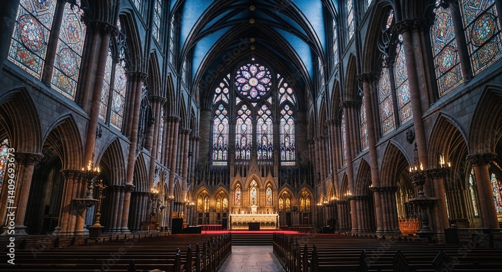 Fototapeta premium gothic cathedrals with intricate stained glass cinematic view background 
