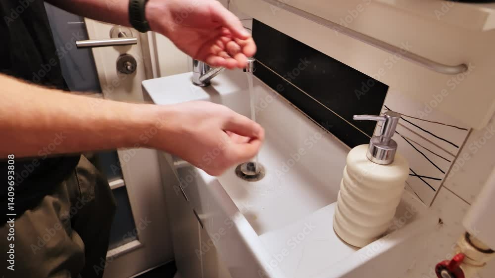 Man scrubbing hands under hot water with soap in a bright modern home bathroom Man scrubbing hands under hot water with soap in a bright modern home bathroom