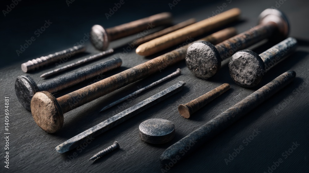 3D metal nails, straight and bent, shown top-down. Includes hammered iron heads. Industrial repair toolset concept. 3D metal nails, straight and bent, shown top-down. Includes hammered iron heads. Industrial repair toolset concept.