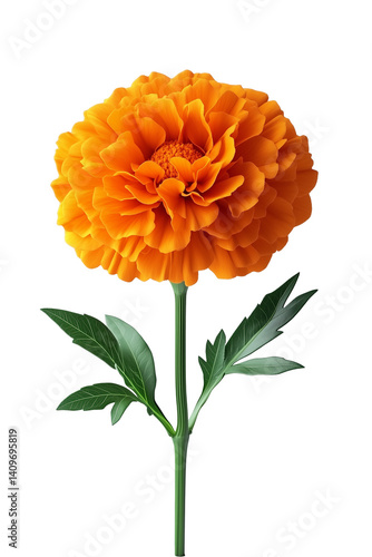 Hyper-realistic marigold flower with dense orange petals and green foliage, isolated on white background, detailed botanical look

