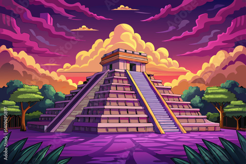 Mayan pyramid cartoon of Kukulcan El Castillo in Chichen Itza at sunset time, Mexico