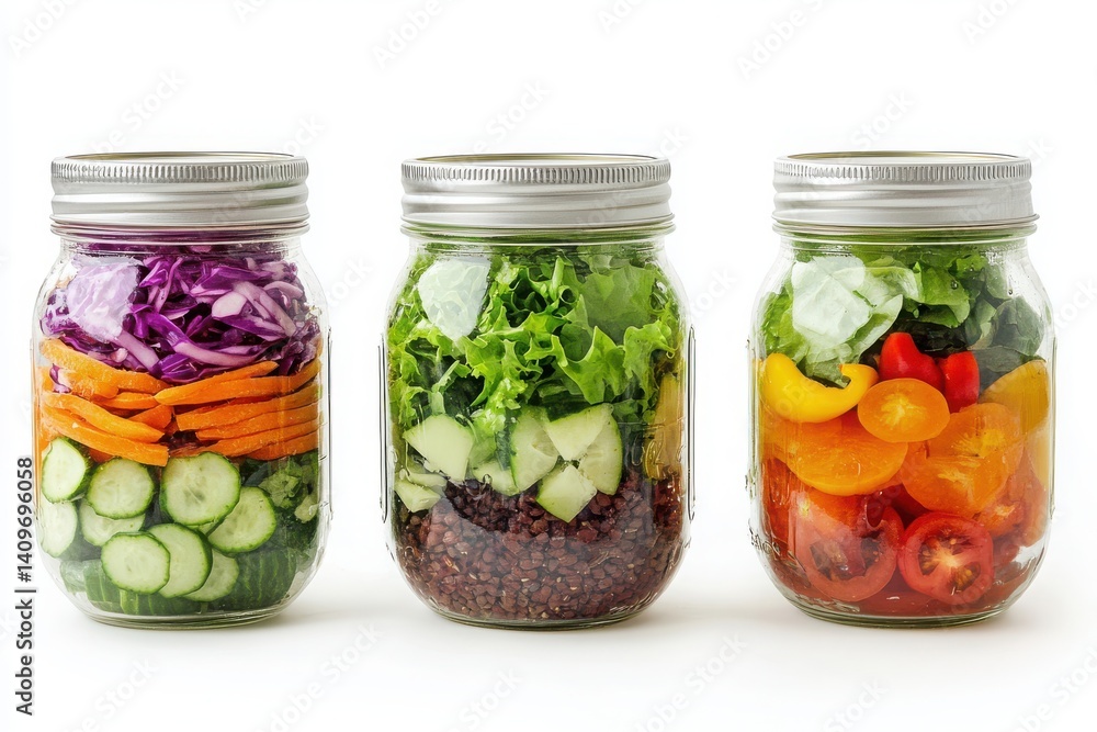 Isolated white background featuring a salad jar set with veggies and dressing.