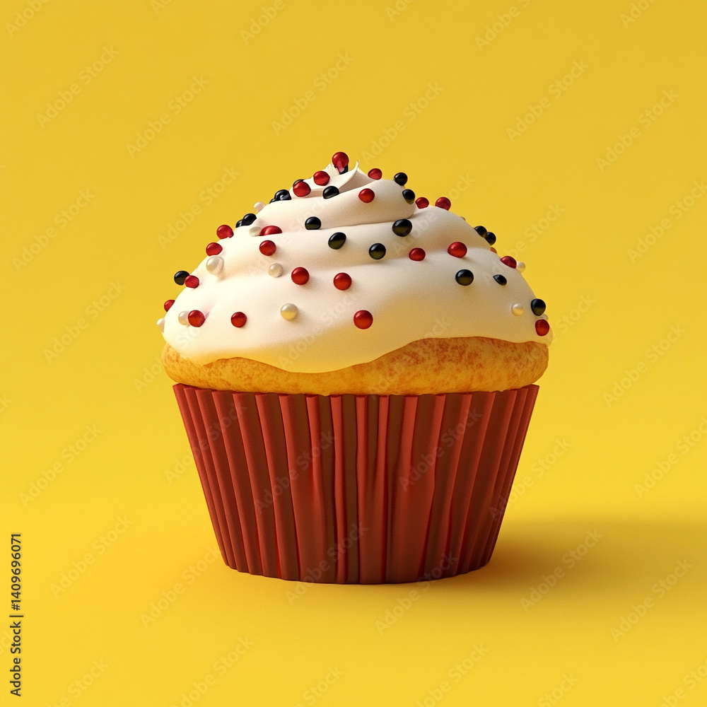 Colorful 3D cupcake illustration with white frosting and multicolored sprinkles in a red-striped wrapper, set against a bright yellow background. Colorful 3D cupcake illustration with white frosting and multicolored sprinkles in a red-striped wrapper, set against a bright yellow background.