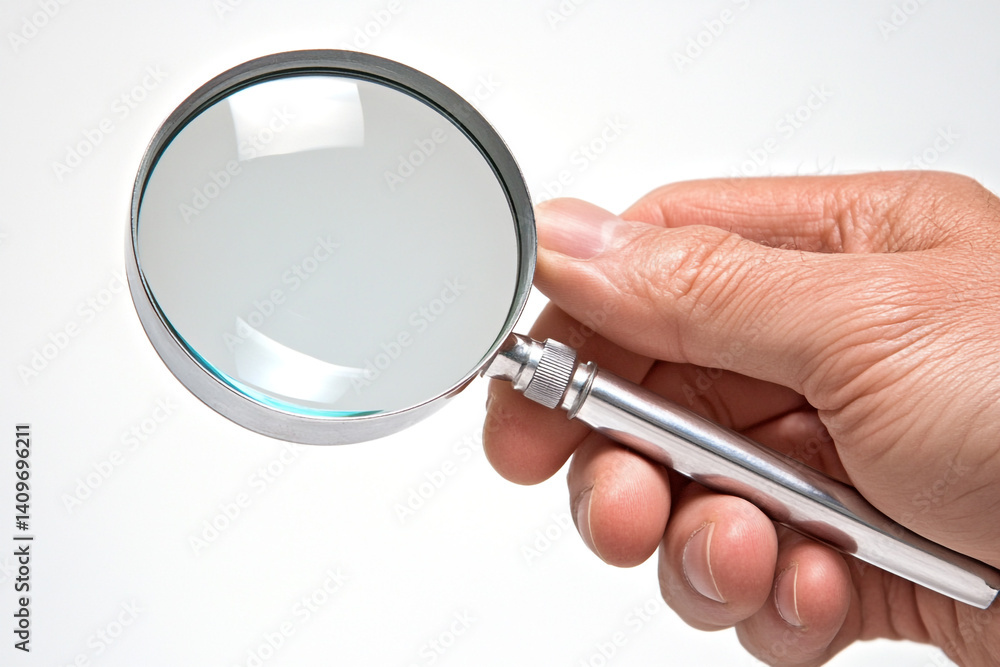 Hand holding magnifying glass ready to explore Hand holding magnifying glass ready to explore