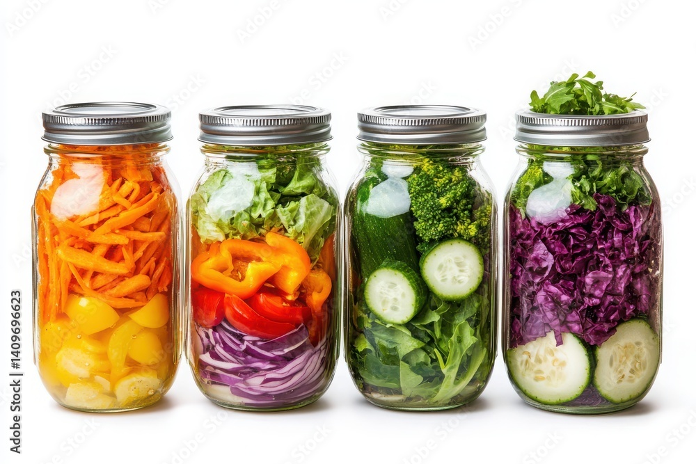 Salad jar set, veggies, dressing, isolated with white background Salad jar set, veggies, dressing, isolated with white background