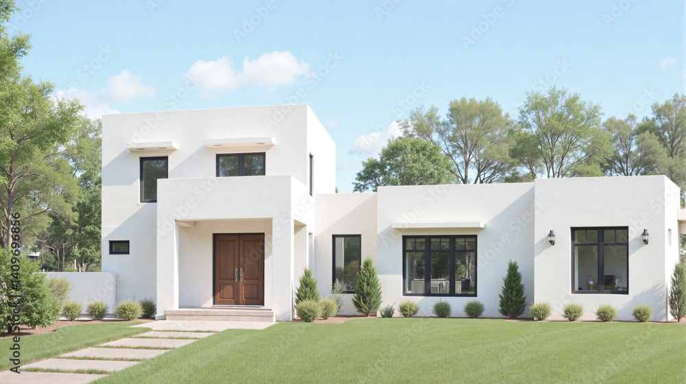 Fototapeta premium Modern white stucco house exterior with geometric design, landscaping, and lush lawn on a sunny day.