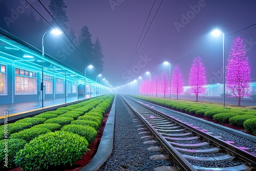 Cyberpunk tea plantation with neon-lit rows of genetically modified tea plants