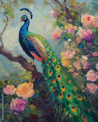 Colorful peacock on branch in floral oil painting style