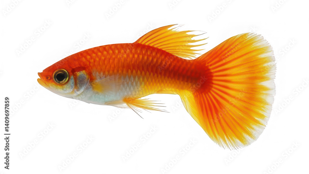 Fototapeta premium Beautiful orange guppy fish swimming in aquarium isolated shot