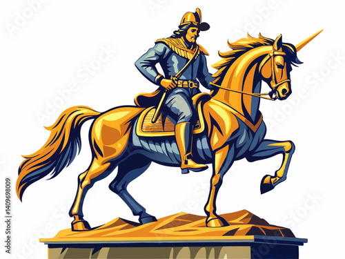 A high-quality vector illustration of a classic equestrian statue with a warrior on horseback, isolated on a white background, dynamic and noble