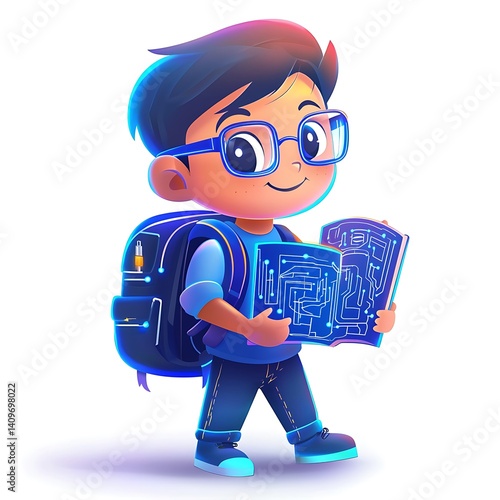 Cartoon Boy with Book Ready for Tech School Learning Backpack Circuit Board Concept 3D Ren
