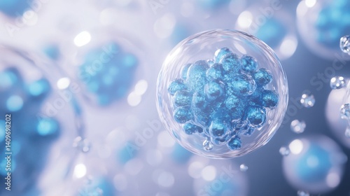 Wallpaper Mural A close up view of blue spheres encapsulated in transparent bubbles on a blurred background Torontodigital.ca