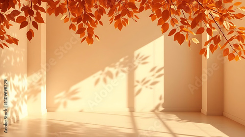 Empty autumn brown orange cream beige room studio with shadow of leaves for product presentation. Summer tropical backdrop. Cosmetic fashion beauty showroom background. Minimal mock up interior